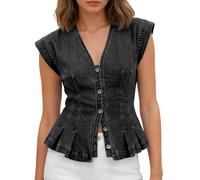 DUHENWU Y2K Gilet en denim pour femme - Col en V - Sexy - Sans manches - Boutons en jean - Hauts cropped - Décontracté - Débardeur - Corset - Bustier - Boutonné - Sans manches - Veste en denim - Y2K
