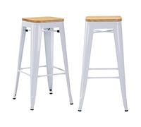 DUHOME Tabouret de Bar Industriel Chaise Salle à Manger Scandinavie Tabouret Empilables Lot de 2 Siège Bistrot Cadre en Métal pour Cuisine Restaurants, Blanc + Bois