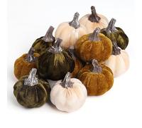 DuHouse Lot de 12 mini citrouilles artificielles en velours pour Halloween, Thanksgiving, fête de la récolte, décoration de table (vert + blanc)
