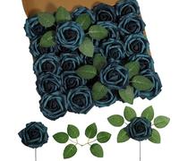DuHouse Pack de 25 Roses Artificielles en Mousse Toucher Réaliste avec Tiges pour Bouquets de Mariage, Baby Showers, Centres de Table, Arrangements Floraux, Décoration d'Intérieur (Bleu Paon)