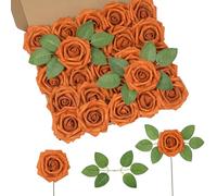 DuHouse Pack de 25 Roses Artificielles en Mousse Toucher Réaliste avec Tiges pour Bouquets de Mariage, Baby Showers, Centres de Table, Arrangements Floraux, Décoration d'Intérieur (Orange brûlé)