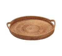 Duiaynke Plateau de service rond en rotin, organisateur de cuisine, panier de service pour collations, fruits, petit déjeuner (24 cm)