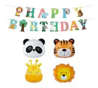DUINIU 1 Ensemble De Drapeaux d'animaux Et 4 Ballons d'animaux, Couronnes d'anniversaire, Décorations d'animaux Sauvages De La Jungle, Ensembles De Fête d'anniversaire Mignons.