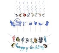 DUINIU 1 Ensemble De Drapeaux sur Le Thème De La Pêche, 6 Pièces D'Affiches De Pêche, Bannière De Décoration d'anniversaire, Plug-Ins De Gâteau Scintillant, Adaptés Aux Pêcheurs.