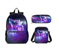 DuJiea Wolf Galaxy Sac à dos pour enfants 3 pièces avec sac à bandoulière et trousse à crayons pour garçons et filles de 1 à 6e année