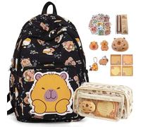 Dujuanus Sac à dos Capybara, Capybara Sac à dos en Dessin Animé, Sac D'école pour Enfants Kawaii Coffret Cadeau du Nouveau Semestre avec des Trousses (Black)