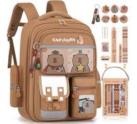 Dujuanus Sac à dos Capybara, Capybara Sac à dos en Dessin Animé, Sac D'école pour Enfants Kawaii Coffret cadeau du nouveau semestre avec épingles, porte-clés et papeterie (A)