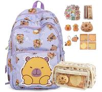 Dujuanus Sac à dos Capybara, Capybara Sac à dos en Dessin Animé, Sac D'école pour Enfants Kawaii Coffret Cadeau du Nouveau Semestre avec des Trousses (Purple)