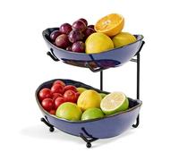 DUJUST Corbeille à Fruits 2 Niveaux, Support à Fruits en Céramique à Émail Vitrifié, Empilable & Facile à Ranger, Plateau Multifonctionnel pour Fruits/Légumes/Snacks, Micro-ondes - Bleu Foncé