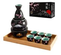 DUJUST Ensemble à saké japonais 10 pièces, ensemble à saké en porcelaine avec motif Sakura & Fuji, 6 coupes à saké, 1 bouteille, 1 réchauffeur, 1 réchaud à bougie, 1 plateau et 1 boîte, Noir