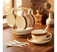 DUJUST Ensemble cappuccino 4 pièces brun dégradé (240 ml), comprenant des tasses en céramique avec soucoupes, des petites cuillères et un support métallique, conçu pour les amateurs de café