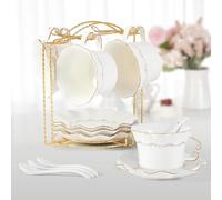DUJUST Ensemble de 4 tasses à thé et soucoupes (200 ml), tasse à thé de luxe avec bordure dorée, tasses à café à impression en relief, ensemble de thé en porcelaine royale britannique - blanc