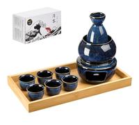 DUJUST Lot de 10 sakés japonais pour 6 personnes, 6 tasses, 1 bouteille, 1 réchaud, 1 poêle à bougies, 1 plateau et 1 boîte, carafe chaude, coffret cadeau japonais spécial - Darkbule