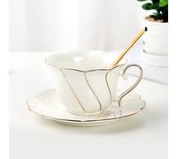 DUJUST Lot de 3 tasses à thé et soucoupes en porcelaine avec cuillère à thé, style britannique luxueux avec bordure dorée, capacité de 200 ml, pour décoration de salon et goûter