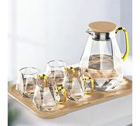 DUJUST Pichet en Verre de 2 Litres avec 4 Tasses & 1 Plateau en Bambou, Pichet à Eau Design Diamant Moderne, Belle Décoration pour le Salon, Carafe Eau Haute Durabilité, Résistant au Chaud/Froid