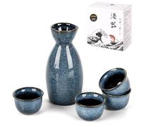 DUJUST Set de saké japonais (5 pièces), Set de saké en porcelaine à émail transformé au four, 1 bouteille, 4 tasses et 1 boîte-cadeau, Carafe chaude, Set de cadeau japonais spécial - bleu