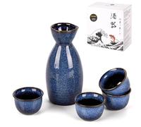 DUJUST Set de saké japonais (5 pièces), Set de saké en porcelaine à émail transformé au four, 1 bouteille, 4 tasses et 1 boîte-cadeau, Carafe chaude, Set de cadeau japonais spécial - bleu foncé