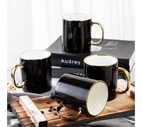 DUJUST Tasse à café noir de 4 (16oz), design moderne et élégant avec des garnitures dorées à la main, une tasse noire et or pour café, thé et lait, belles tasses de porcelaine fines et gracieuses