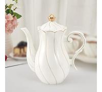 DUJUST Théière en porcelaine de style britannique (40oz), théière de luxe en céramique avec bordure dorée, théière de qualité alimentaire avec filtre intégré - Blanc