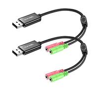 DuKabel Pack de 2 Carte Son Externe USB pour PC, Ordinateur Portable et PS4, Adaptateur USB vers 2 x 3,5 mm Femelle pour Casque, Haut-parleurs et Microphone TRS 3 Pôles - 25 cm Noir