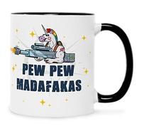 Duke Gifts Tasse imprimée avec inscription en allemand Pew Pew Madafakas Motif licorne badass avec arme - Cadeau amusant pour les nerds - pour homme et femme - pour elle et lui - Couleur : noir et