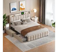 DULRLLY Lit 2 Places 140 x 200 cm avec Espace de Rangement, Fonction de Charge USB, Tête De Lit LED, 4 Tiroirs, Lit Capitonné 2 Personnes avec Rangement, Sommier à Lattes, sans Matelas, en Lin, Beige