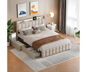 DULRLLY Lit 2 Places 140 x 200 cm avec Espace de Rangement, Fonction de Charge USB, Tête De Lit LED, 4 Tiroirs, Lit Capitonné 2 Personnes avec Rangement, Sommier à Lattes, sans Matelas, en Lin, Beige
