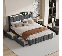 DULRLLY Lit 2 Places 160 x 200 cm avec Espace de Rangement, Fonction de Charge USB, Tête De Lit LED, 4 Tiroirs, Lit Capitonné 2 Personnes avec Rangement, Sommier à Lattes, sans Matelas, en Lin, Beige