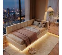 DULRLLY Lit Coffre Enfant 90x200, Canapé Lit Rembourré avec Espace de Rangement Hydraulique, Éclairage LED et USB, Banquette Lits 1 Place Multifonction avec Sommier à Lattes,Velours (Beige)
