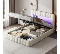 DULRLLY Lit Double Coffre Bubble Lit Rembourré avec Espace de Rangement Hydraulique, Fonction de Charge USB et éclairage LED, Cadre de Lits avec Sommier à Lattes pour Adults (Beige, 180 x 200 cm)
