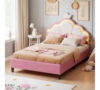 DULRLLY Lit Double Enfant 140 x 200 cm, Lit Fille Rembourré avec Lumineuses LED ＆ Tête de Lit Réglable, Lit Princesse Capitonné avec Sommier à Lattes, sans Matelas, Velours - Rose