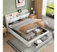 DULRLLY Lit double, rembourré, 160 x 200 cm, avec espace de rangement hydraulique, avec tiroirs, espace de rangement, éclairage LED, tête de lit avec compartiment de rangement et fonction de charge