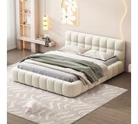 DULRLLY Lit Double Rembourré 160x200, Lit Bubble avec Sommier à Lattes, Lits 2 Personnes Capitonne avec Tête de Lits, Cadre de Lit pour Adulte Chambre à Coucher et Chambre d'amis, sans Matelas, Lin