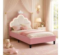 DULRLLY Lit Fille 90 x 200 cm, Lit Enfant avec Lumineuses LED ＆ Tête de Lit Réglable, Lit Simple Rembourré pour Enfants, Lit Princesse Capitonné avec Sommier à Lattes, sans Matelas, Velours - Rose