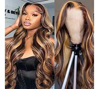 DULTEV Perruque blonde miel avec dentelle frontale - Perruque de cheveux humains sans colle, pré-épilée, ondulée HD de 33 x 10 cm, ombré avec mèches colorées 4/27, pour femme (ondulations de corps