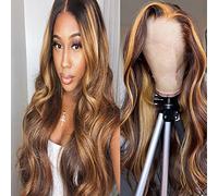 DULTEV Perruque de cheveux humains blonds miel sans colle pré-épilée 33 x 10,2 cm HD ondulée avec dentelle frontale 4/27 avec mèches colorées ombrées pour femme (ondulé, 71,1 cm)