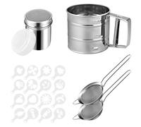 Dulynva Lot de 5 Tamis Farine Acier Inoxydable Saupoudreuse Sucre Glace Tamiseur Farine à une main Tamis Cuisine Passoire Fine avec 16 Pochoirs à Café pour farine d'Abricot, Cacao, Matcha, épices