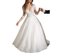 DUMOO Robe de mariée longue ligne A Princesse Robe de mariée Femme Dentelle Stand Plage Mode de mariée avec manches, Blanc., 42