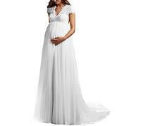 DUMOO Robe de mariée longue pour femmes enceintes - Robe de mariée enceinte avec encolure en V et dentelle - Grandes tailles - Avec traîne - Blanc - Taille 38 EU