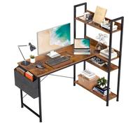 DUMOS Bureau d'ordinateur d'angle en forme de L de 119 cm avec étagère de rangement réversible, table en bois avec sac latéral, pieds réglables pour 2 moniteurs, petit espace, maison, bureau, chambre