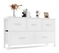 DUMOS Commode Chambre Adulte - Meuble de Rangement Chambre, avec 5 Tiroirs, Commode Tiroir en Tissu avec Cadre en Acier Solide, Idéal Commode Rangement pour La Chambre et Le Salon (Blanc)