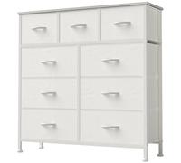 DUMOS Commode Chambre Adulte - Meuble de Rangement Chambre, avec 9 Tiroirs, Commode Tiroir en Tissu avec Cadre en Acier Solide, Idéal Commode Rangement pour La Chambre et Le Salon (Blanc)