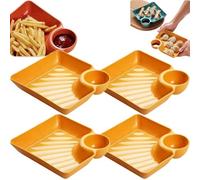 Dumpling Plate with Dipping Saucer, 4 Pack PP Plastic Japanese Dumpling Plates, Unbreakable Divided Plate with Sauce Compartment for Sushi, Picnic, Camping, Outdoor Party (Yellow)