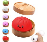Dumpling Squishies Toy, Colorful Dumpling Squishes Stress Balls with Steamer, Simulation Food Squishies Bun for Adults (B: Red)