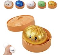 Dumplings Squishy, Glitter Dumpling Squishy Toy, Cute Dumplings Squishiest with Steamer Box, Stress & Anxiety Relief Toys for Kids & Adults Non-Edible (Gold)