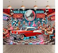 d'un Fond en Fibre de Polyester de Restaurant Rock rétro associé à des boîtes à Musique de Voitures Anciennes et à Un Motif de Sol à Carreaux 150cmx100cm