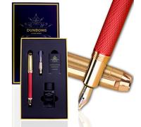 DUNBONG Stylo plume de luxe, finition en poudre d'or auréate, placage or et laque rouge, motif gravé complexe, pointe moyenne dorée, convertisseur d'encre rechargeable, boîte rigide de luxe (lion)