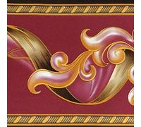 Dundee Deco BD3204 Frise de Papier Peint, Frise Murale, Bordure de papier peint autoadhésif Motif damassé Doré Bordeaux 10 m x 10 cm