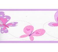 Dundee Deco BD6024 Frise de Papier Peint, Frise Murale, Bordure de papier peint précollé pour enfants Rose violet, beige Motif papillons (4,57 m x 17,78 cm)