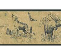 Dundee Deco BD6092 Frise de Papier Peint, Frise Murale, Bordure de papier peint précollé Vert animal, marron et loup, faucon, décoration murale rétro 4,57 m x 17,78 cm